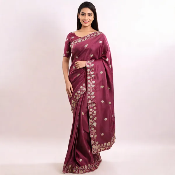 Wine_Satin_Embroidered_Saree_For_Women