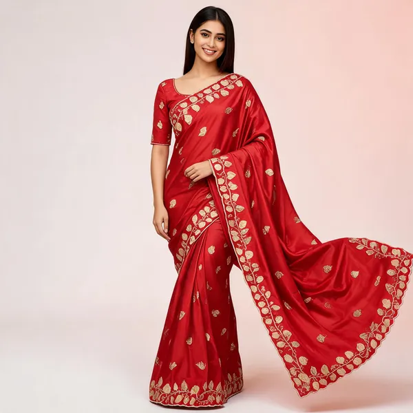 Red_Satin_Embroidered_Saree_For_Women