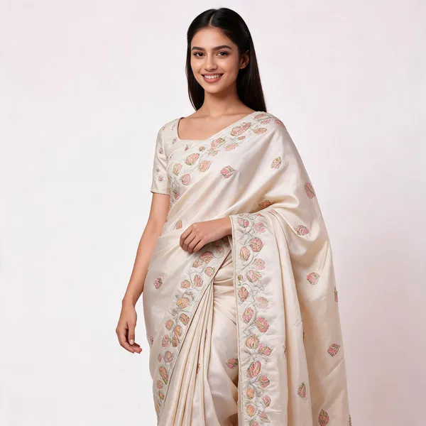 White_Floral_Embroidered_Saree_With_Blouse_Piece_For_Women