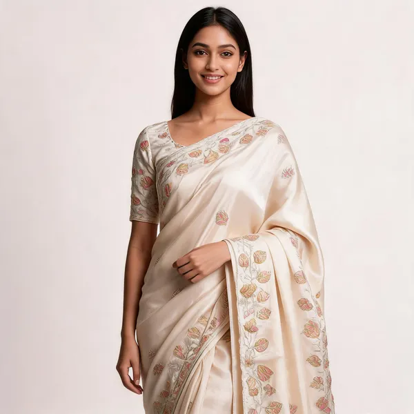 White_Floral_Embroidered_Saree_With_Blouse_Piece_For_Women