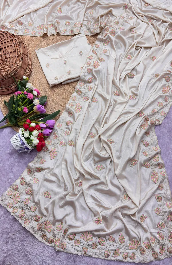 White_Floral_Embroidered_Saree_With_Blouse_Piece_For_Women