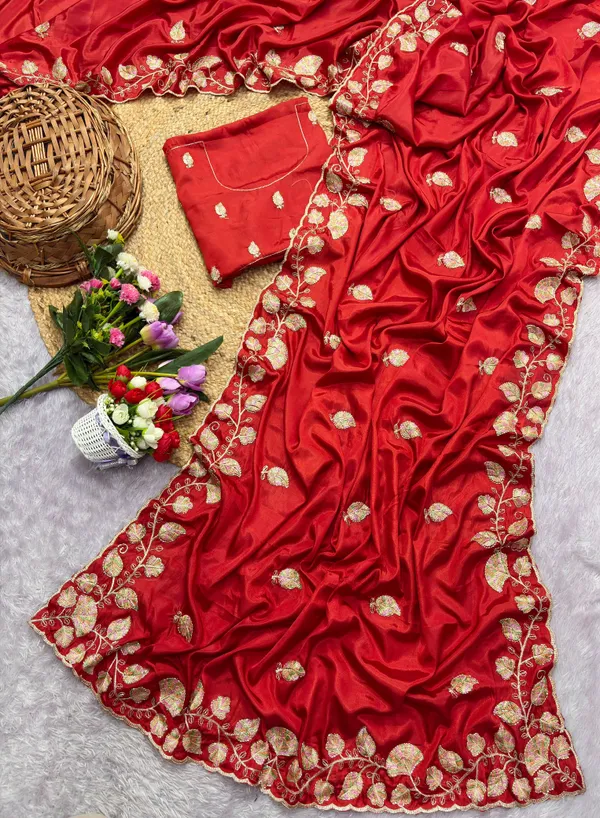 Red_Satin_Embroidered_Saree_For_Women