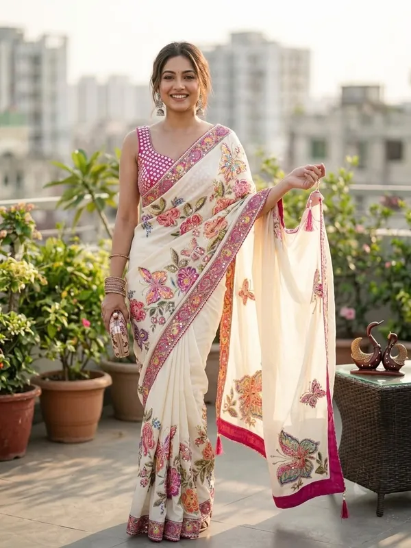 Cream_Embroidered_Saree_Set_For_Women
