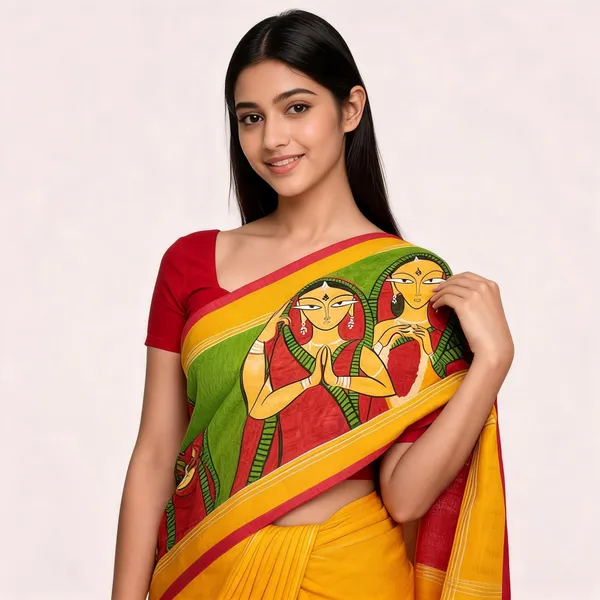 Yellow_Cotton_Folk_Art_Saree_For_Women