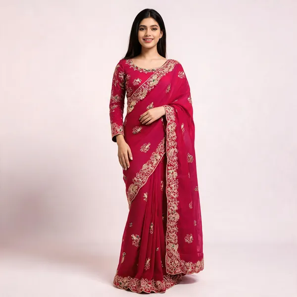 Magenta_Embroidered_Saree_With_Blouse_Piece