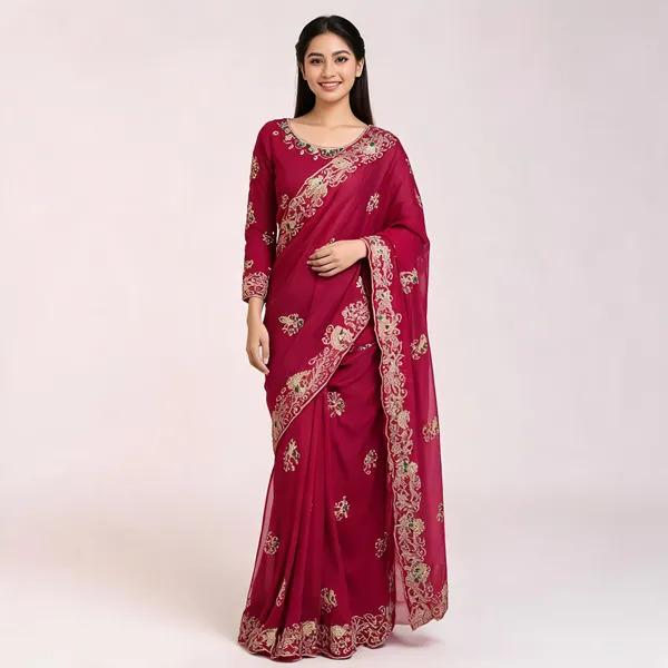 Magenta_Embroidered_Saree_With_Blouse_Piece