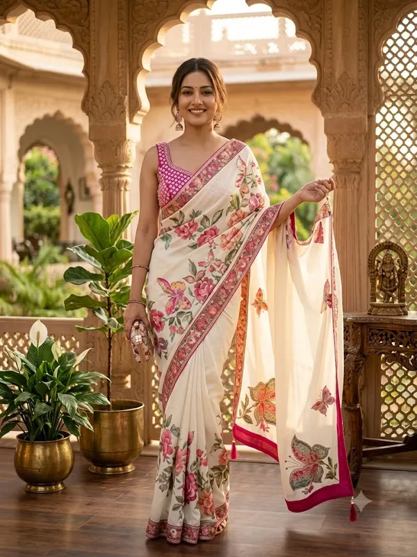 Cream_Embroidered_Saree_Set_For_Women