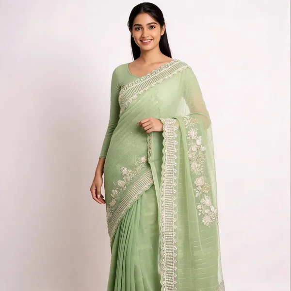 Green_Net_Embroidered_Saree_For_Women