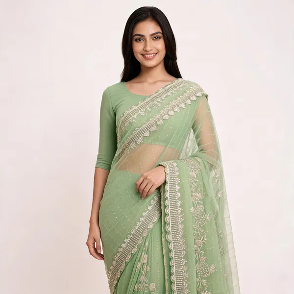 Green_Net_Embroidered_Saree_For_Women