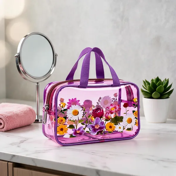 Pink_Pvc_Floral_Print_Transparent_Cosmetic_Bag_For_Women