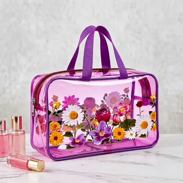Pink_Pvc_Floral_Print_Transparent_Cosmetic_Bag_For_Women