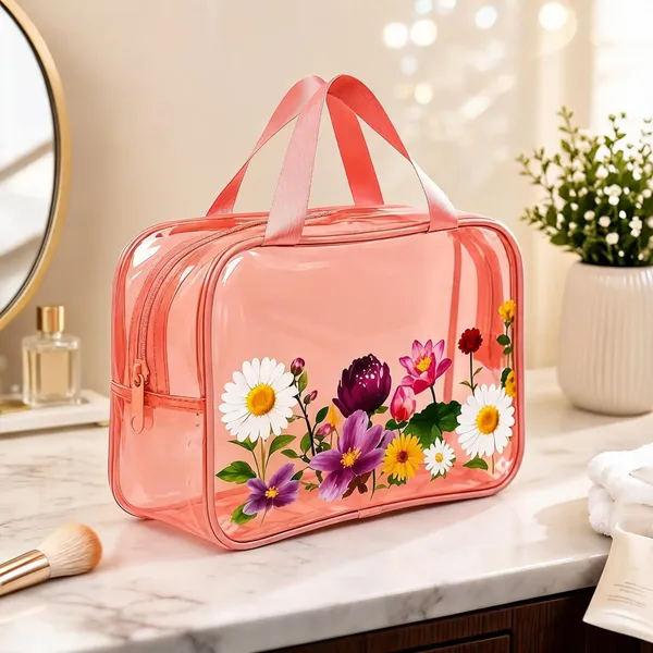 Pink_Pvc_Floral_Print_Cosmetic_Bag_For_Women