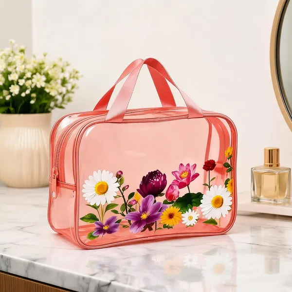 Pink_Pvc_Floral_Print_Cosmetic_Bag_For_Women