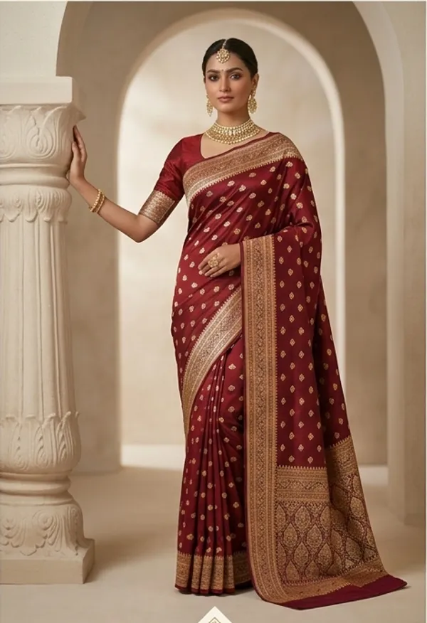 Banarasi_Woven_Soft_Silk_Small_Booti_Saree_With_Copper_Zari_Border_and_Pallu