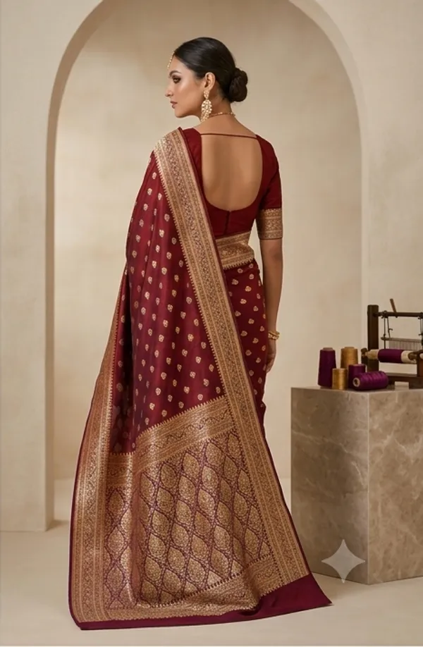 Banarasi_Woven_Soft_Silk_Small_Booti_Saree_With_Copper_Zari_Border_and_Pallu