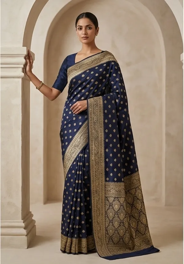 Banarasi_Woven_Soft_Silk_Small_Booti_Saree_with_Copper_Zari_Border_and_Pallu