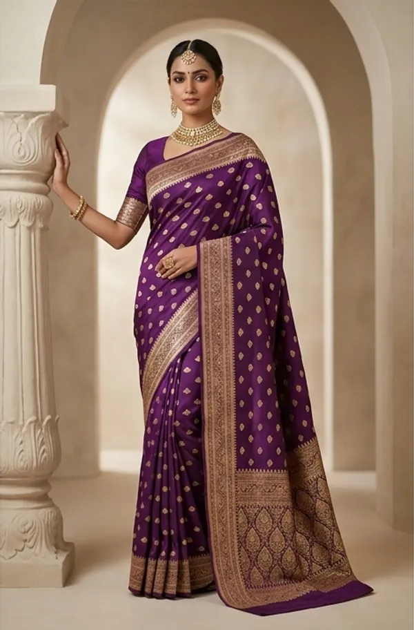 Banarasi_Woven_Soft_Silk_Small_Booti_Saree_with_Copper_Zari_Border_and_Pallu