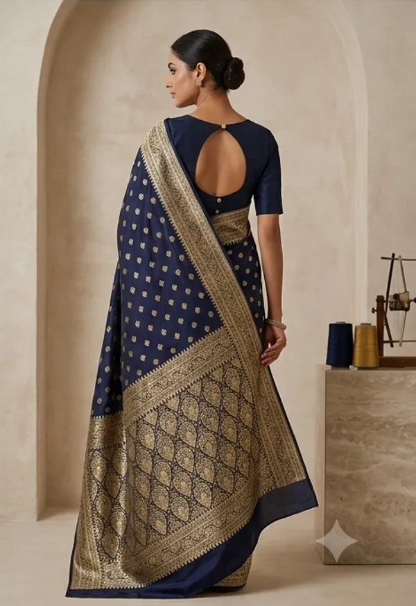 Banarasi_Woven_Soft_Silk_Small_Booti_Saree_with_Copper_Zari_Border_and_Pallu