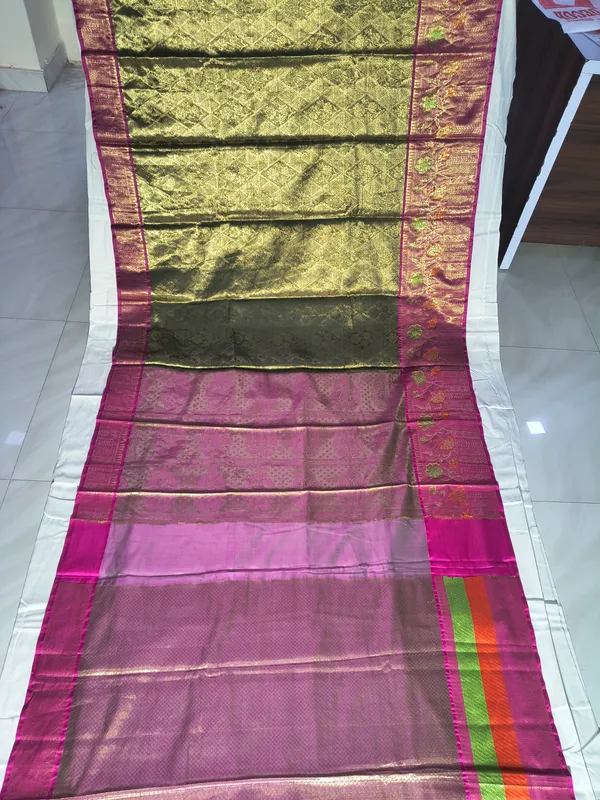 Pink__And_Olive_Green_Tissue_Silk_Saree_For_Women