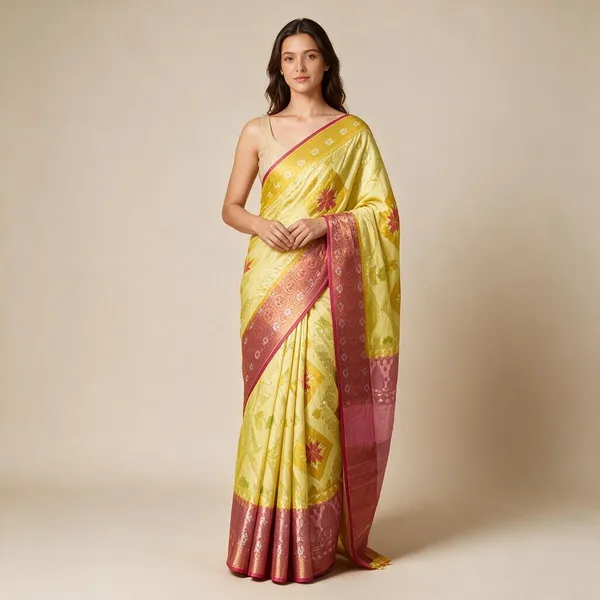 Yellow__And_Pink_Kora_Silk_Saree_For_Women