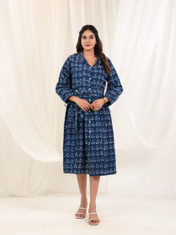 Indigo_Cotton_Slit_Hand_Block_Print_Shirt_Dress_For_Women