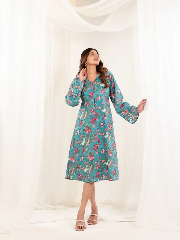 Teal_Blue_Cotton_A_Line_Tropical_Block_Print_Dress_For_Women