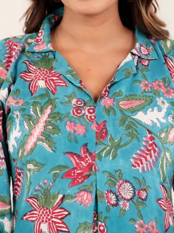 Teal_Blue_Cotton_A_Line_Tropical_Block_Print_Dress_For_Women