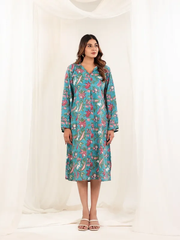 Teal_Blue_Cotton_A_Line_Tropical_Block_Print_Dress_For_Women