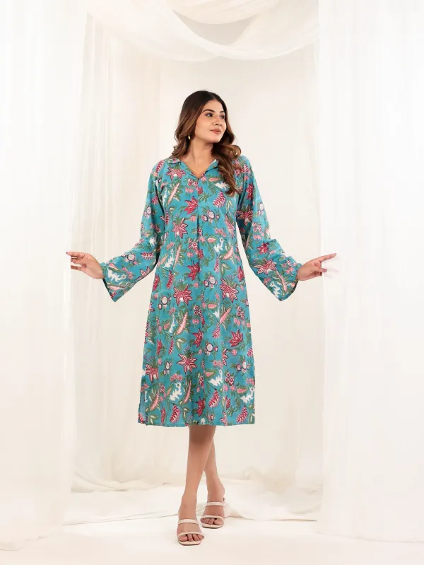 Teal_Blue_Cotton_A_Line_Tropical_Block_Print_Dress_For_Women