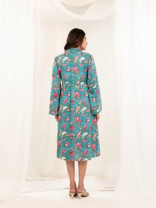 Teal_Blue_Cotton_A_Line_Tropical_Block_Print_Dress_For_Women