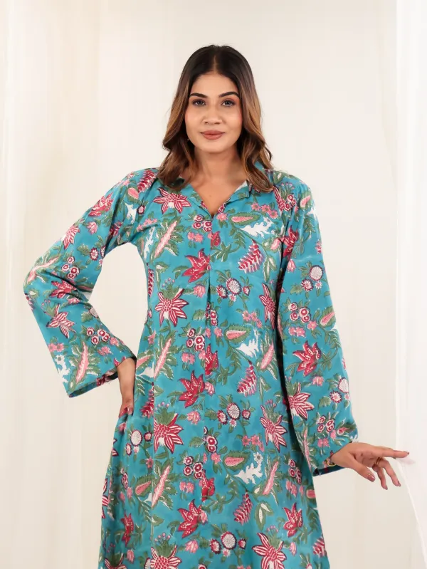 Teal_Blue_Cotton_A_Line_Tropical_Block_Print_Dress_For_Women