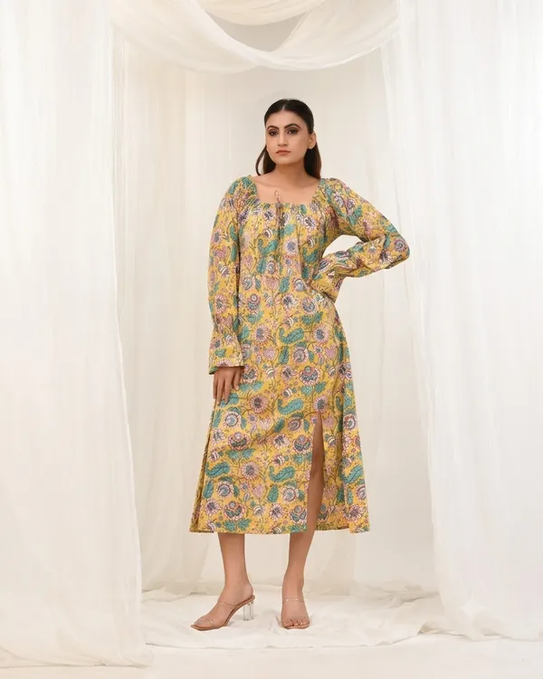 Yellow_Cotton_Puff_Sleeve_Block_Print_Floral_Dress_For_Women