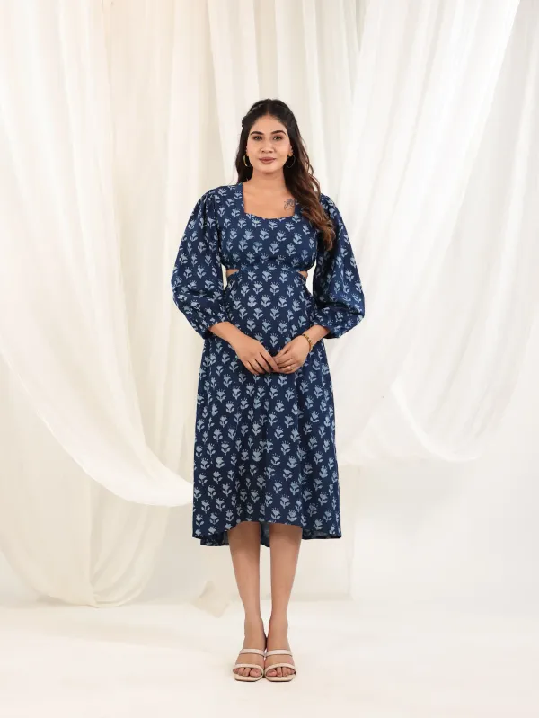 Indigo_Cotton_Block_Print_Balloon_Sleeve_Cut_Out_Dress_For_Women