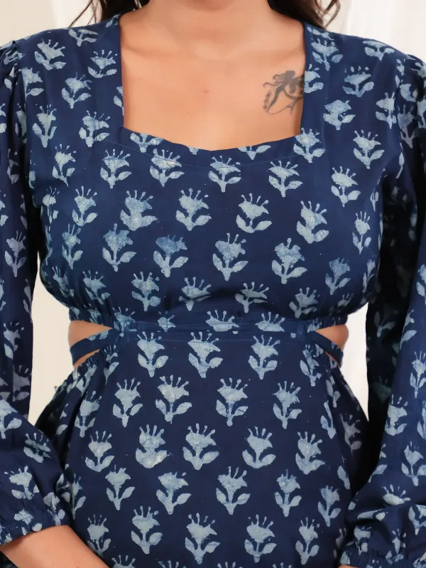 Indigo_Cotton_Block_Print_Balloon_Sleeve_Cut_Out_Dress_For_Women