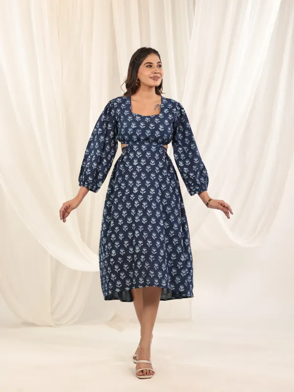Indigo_Cotton_Block_Print_Balloon_Sleeve_Cut_Out_Dress_For_Women