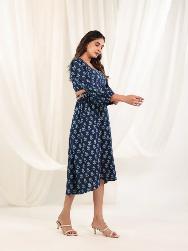 Indigo_Cotton_Block_Print_Balloon_Sleeve_Cut_Out_Dress_For_Women