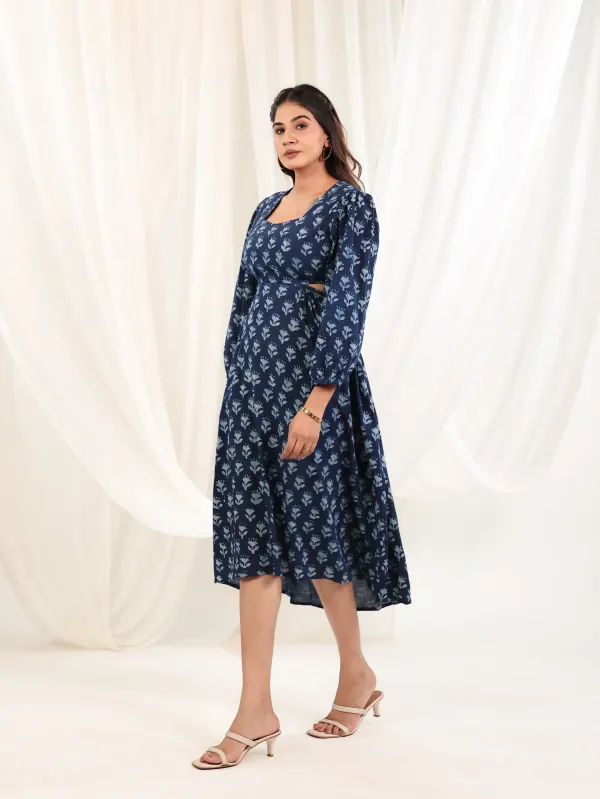 Indigo_Cotton_Block_Print_Balloon_Sleeve_Cut_Out_Dress_For_Women