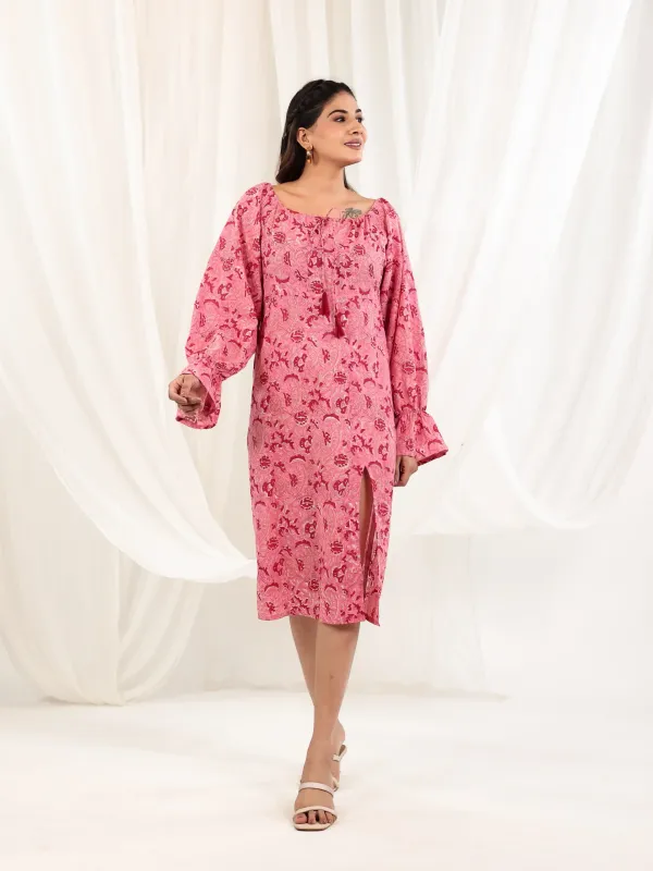 Pink_Cotton_Slit_Hand_Block_Print_Midi_Dress_For_Women