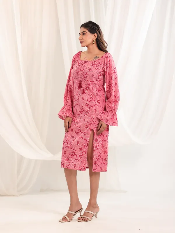 Pink_Cotton_Slit_Hand_Block_Print_Midi_Dress_For_Women