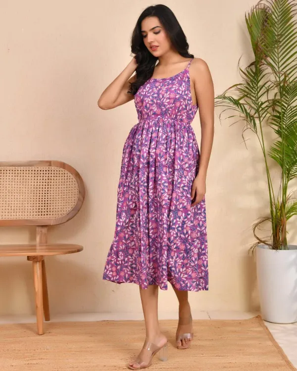 Purple_Cotton_Flowy_Block_Print_Spaghetti_Strap_Midi_Dress_For_Women