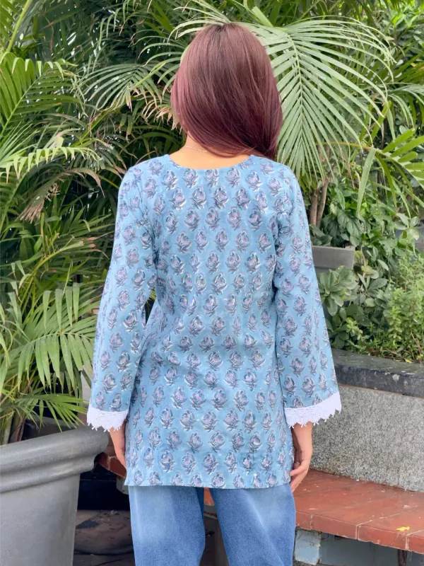 Steel_Blue_Cotton_Straight_Hand_Block_Print_Short_Kurta_For_Women