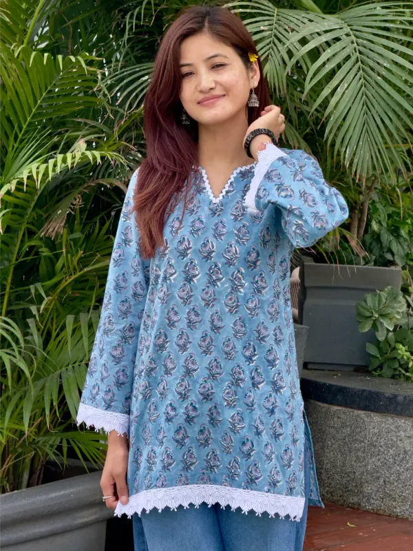 Steel_Blue_Cotton_Straight_Hand_Block_Print_Short_Kurta_For_Women