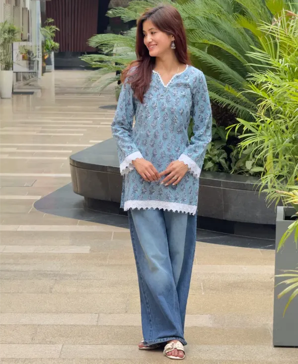 Steel_Blue_Cotton_Straight_Hand_Block_Print_Short_Kurta_For_Women