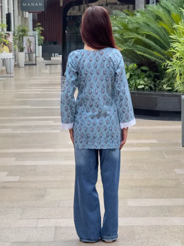 Steel_Blue_Cotton_Straight_Hand_Block_Print_Short_Kurta_For_Women