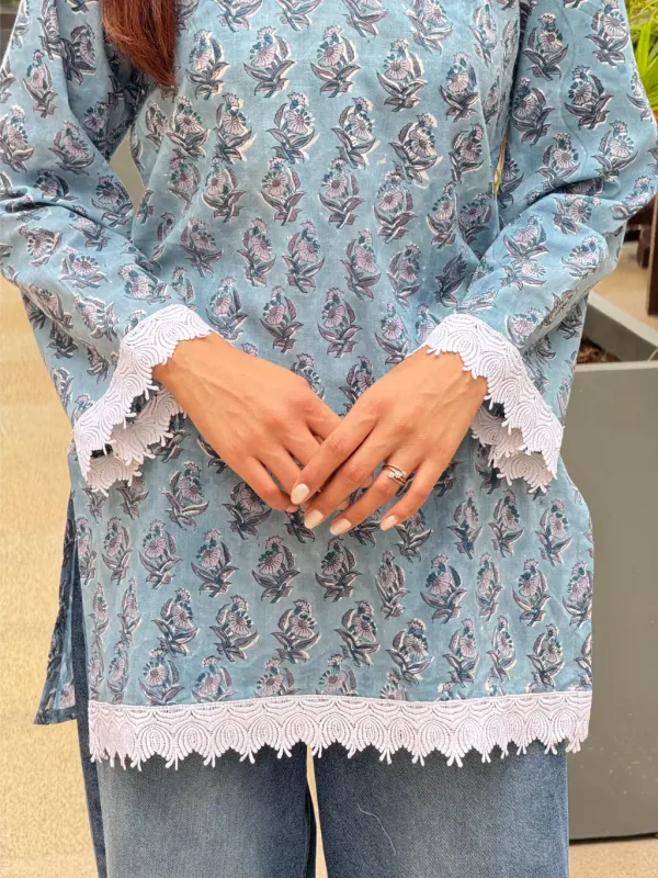 Steel_Blue_Cotton_Straight_Hand_Block_Print_Short_Kurta_For_Women