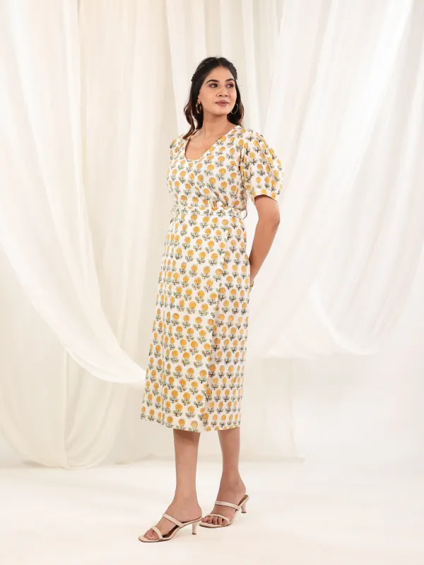 Off_White_Yellow_Cotton_Wrap_Block_Print_Midi_Dress_For_Women