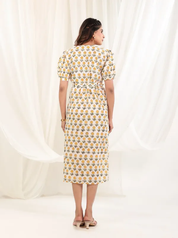 Off_White_Yellow_Cotton_Wrap_Block_Print_Midi_Dress_For_Women