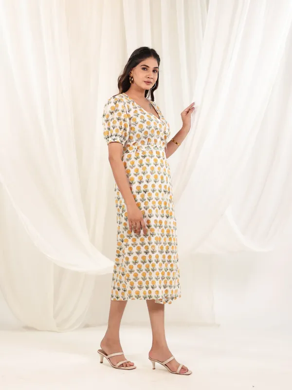 Off_White_Yellow_Cotton_Wrap_Block_Print_Midi_Dress_For_Women