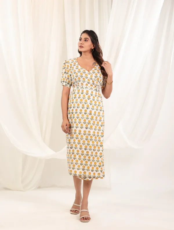 Off_White_Yellow_Cotton_Wrap_Block_Print_Midi_Dress_For_Women