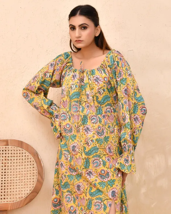 Yellow_Cotton_Puff_Sleeve_Block_Print_Floral_Dress_For_Women
